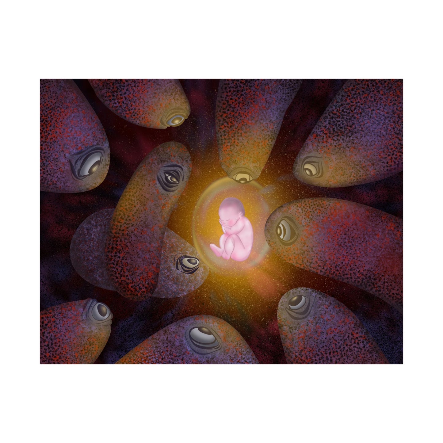 Satin Poster — "Womb of Eyes" Surreal Neon Fetus Art Print (210gsm)
