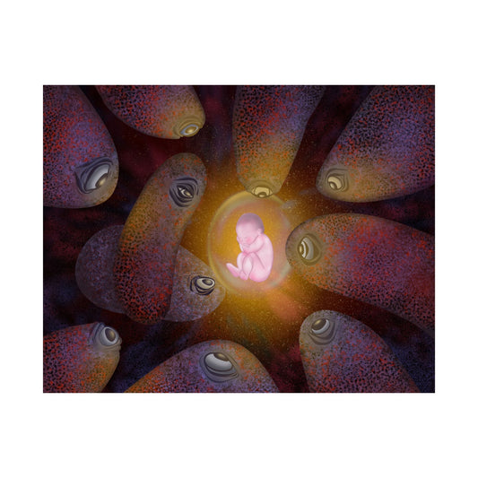 Satin Poster — "Womb of Eyes" Surreal Neon Fetus Art Print (210gsm)