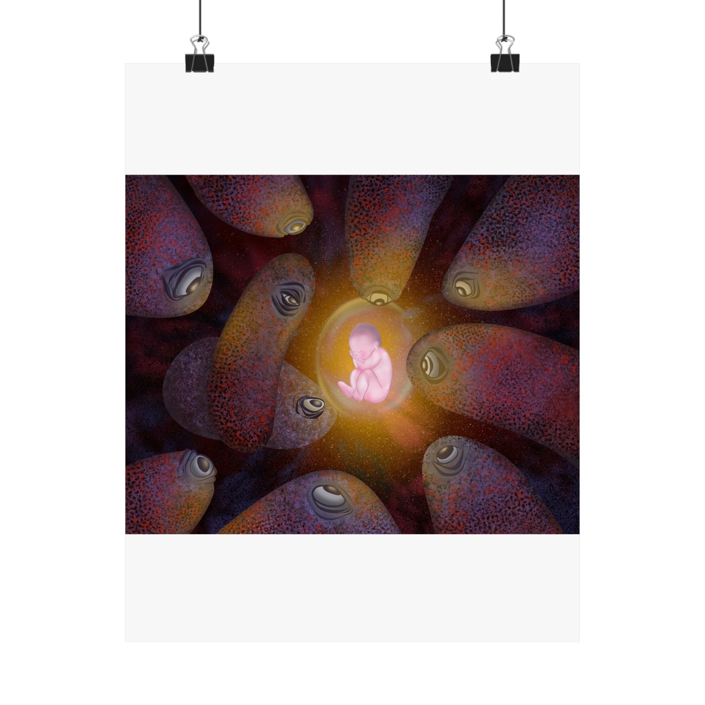 Satin Poster — "Womb of Eyes" Surreal Neon Fetus Art Print (210gsm)