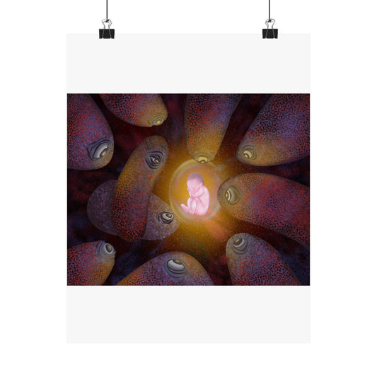 Satin Poster — "Womb of Eyes" Surreal Neon Fetus Art Print (210gsm)