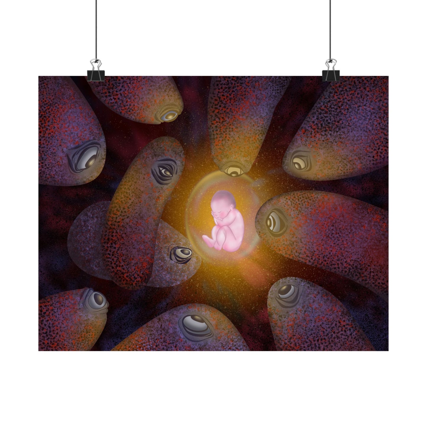 Satin Poster — "Womb of Eyes" Surreal Neon Fetus Art Print (210gsm)