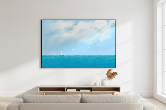 Where the Wind Takes mockup in coastal living room