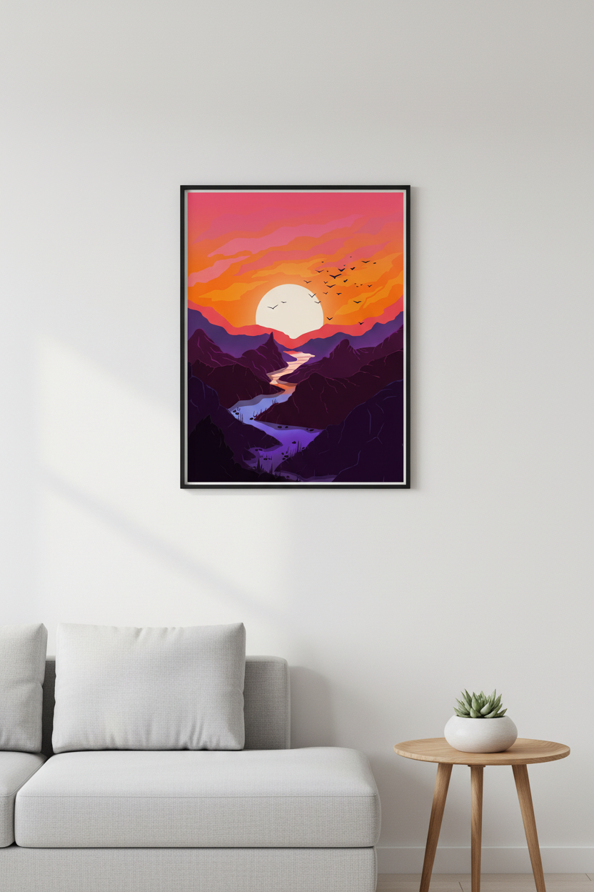Mountain River Glow — framed art print mockup