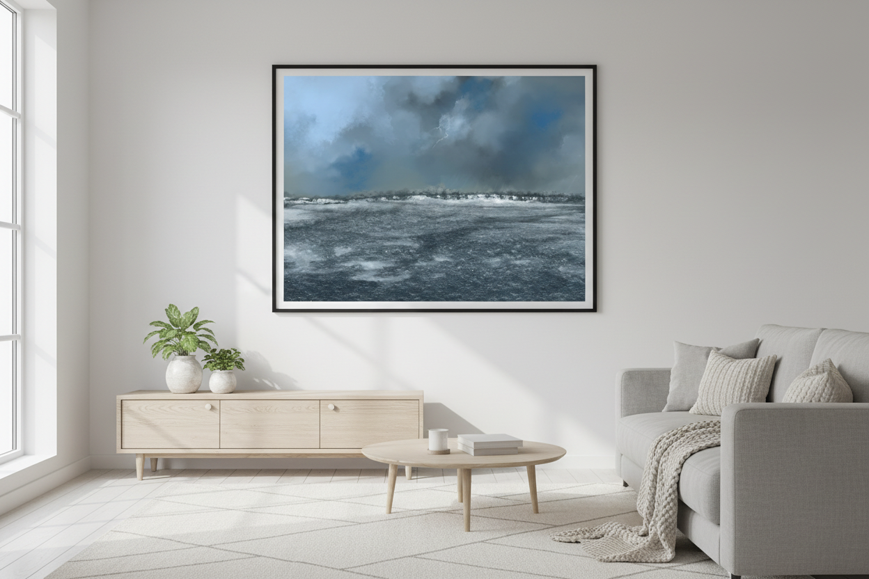 February — winter field mockup in Scandinavian interior