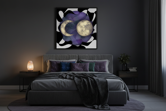 Lunar Duality — mockup in dark bedroom interior